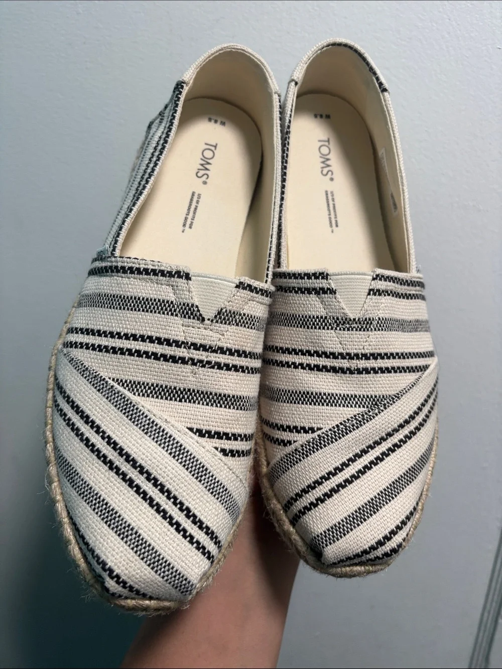 Toms Women’s Cream and Black Striped Canvas Espadrilles